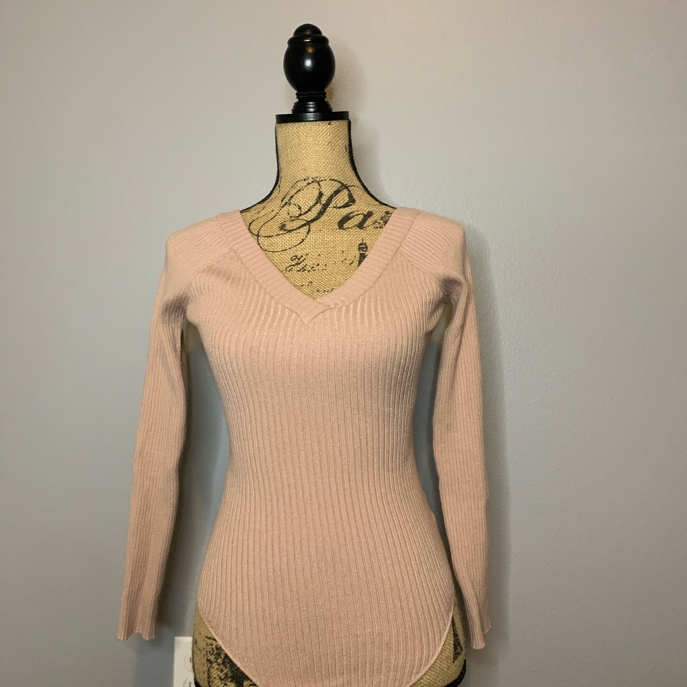 Pink Ribbed V-Neck Sweater